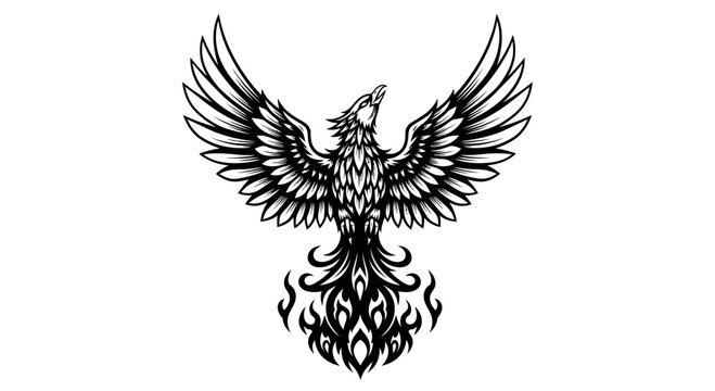 Phoenix bird rising in flight monochrome vector illustration