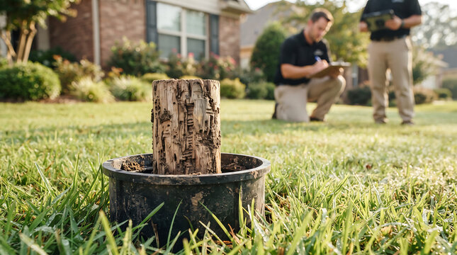 Termite pest control inspection station in yard with two technicians checking residential house property bait station inspection technician professionals property