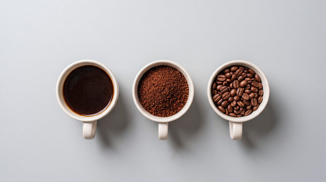Three stages of coffee preparation in cups: beans, grounds, and brewed beverage