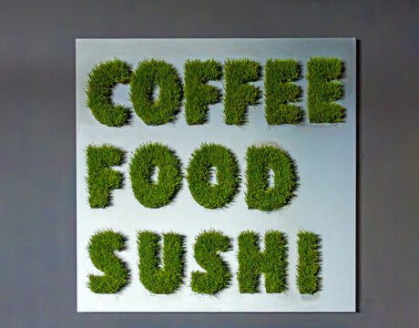 Coffee food and sushi word signs on the wall outside