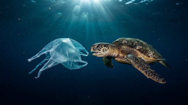 Sea turtle encounters plastic bag, a symbol of ocean pollution and environmental danger