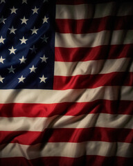 Obraz premium Close up of waving American flag fabric with stars and stripes, dramatic folds and textured surface creating a patriotic vertical background.