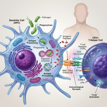 Medical diagram showing antigen presentation by a dendritic cell to a CD4+ T helper cell in the human immune system
