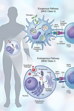 Detailed Medical Illustration Explaining the Exogenous and Endogenous Pathways of MHC Class I and II Molecules
