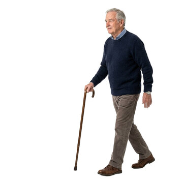 Elderly gentleman walking forward holding a wooden cane while wearing casual clothes on transparent background