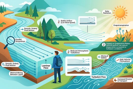 Educational Diagram Explaining Differences Between Laminar and Turbulent Fluid Flow in Natural Ecosystem