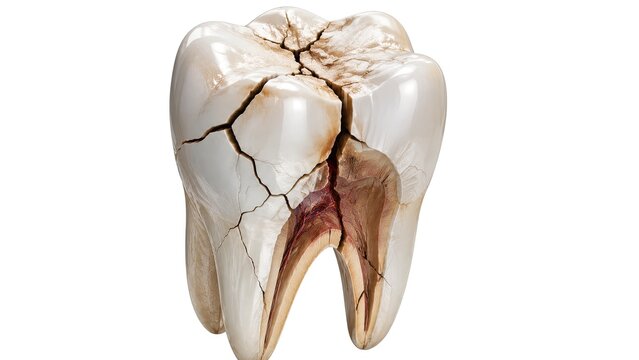 Cracked human tooth anatomical cross section revealing enamel dentin pulp chamber and root structure isolated on white background