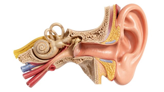 Detailed anatomical cross section of human ear showing cochlea, eardrum, semicircular canals and auditory structures isolated on white background