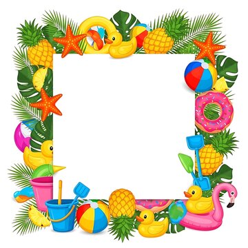 A colorful beach frame with inflatables and tropical leaves