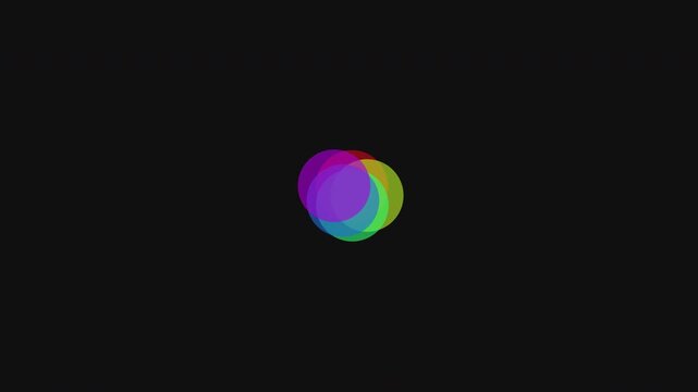 Abstract overlapping multicolored circles vibrating in four corners on a black background