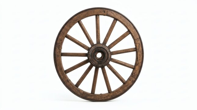 Vintage wooden carriage wheels isolated on white background. Antique wagon rims with spokes. Rustic brown timber furniture parts. Old farm cart design elements.