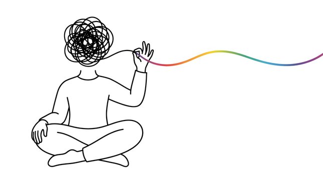A person sitting in a lotus position untangling a messy mind represented by a knotted head symbol while holding a colorful string to find mental clarity and inner peace through mindfulness