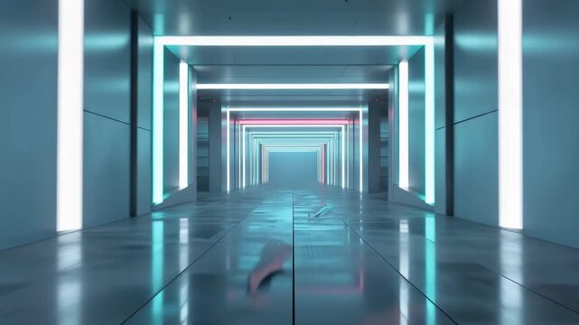 Futuristic Neon Corridor Architecture with Geometric Frame, Reflective Floor, Cyan Magenta Lighting, Symmetrical Perspective, Sci Fi Tunnel Depth, and Modern Interior Atmosphere
