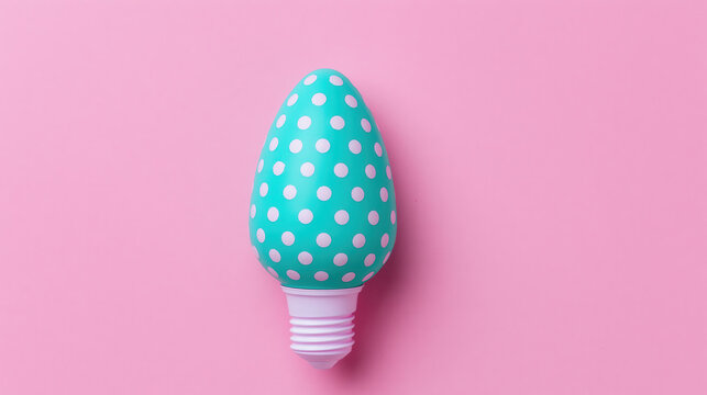 minimal flat lay shows turquoise easter egg light bulb with white polka dots resting on seamless pastel pink backdrop, playful spring concept for advertising, web design, cards, mockups
