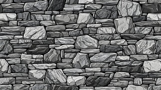 Seamless monochrome stone wall vector illustration background pattern texture with hand drawn rocky masonry architecture design element for graphic design