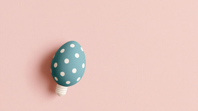 dotted teal easter egg rests on soft pastel pink background in minimalist flat lay leaving airy copy space for spring branding, greeting card design and wellness advertising

