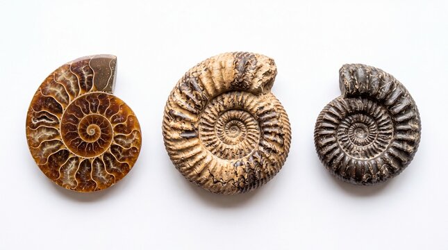 Three ancient fossilized spiral ammonite shells arranged horizontally isolated as studio collection on white background