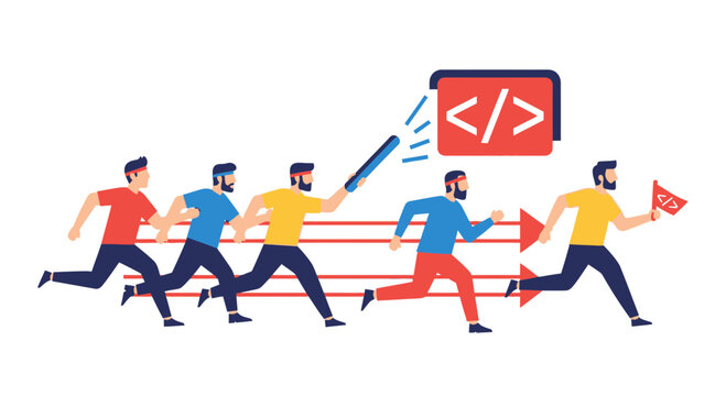 Agile Software Development Team Running a Relay Race with Coding Icons Vector Illustration