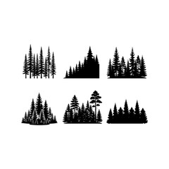 Fototapeta premium Set of black pine tree forest silhouettes isolated on white background for outdoor design elements