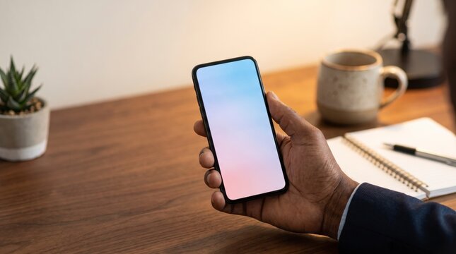 Businessman hand holding pastel gradient smartphone mockup screen at wooden office desk