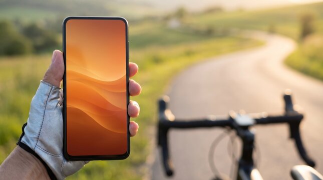 Cyclist hand holding golden gradient smartphone mockup screen on rural countryside road