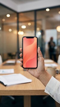 Professional hand holding coral gradient smartphone mockup screen inside corporate meeting room