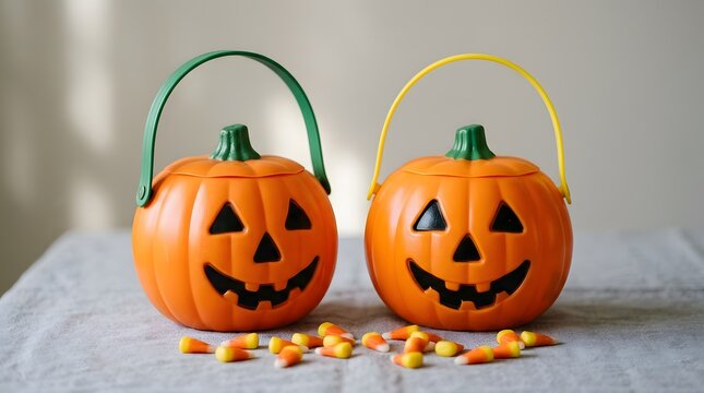 Festive halloween candy buckets overflowing with sweet treats for trick or treaters