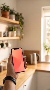 Homeowner hand holding coral gradient smartphone mockup screen inside cozy modern kitchen