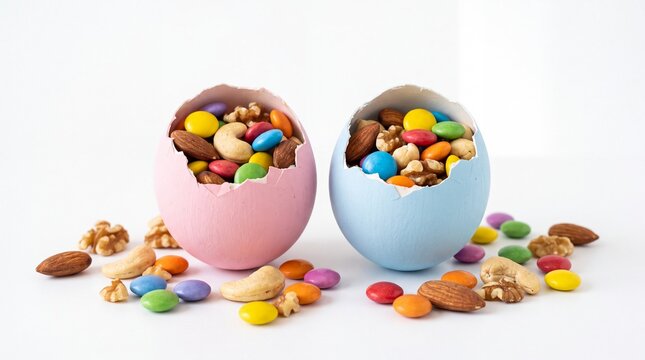Pink and blue easter eggs filled with mixed nuts and colorful chocolate candies on white background