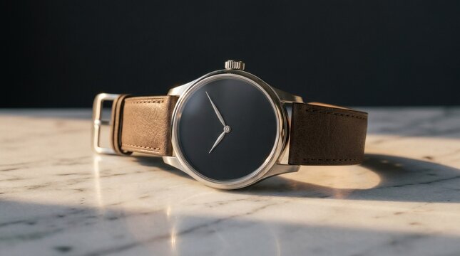Minimalist analog wristwatch with brown leather strap on marble surface; modern timepiece concept, luxury accessories, elegant design; fashion lifestyle still life photography
