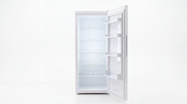Modern empty refrigerator with open door and glass shelves standing alone on white background