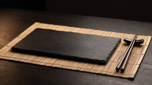 Blank Slate Sushi Board with Chopsticks on Bamboo Placemat Mockup