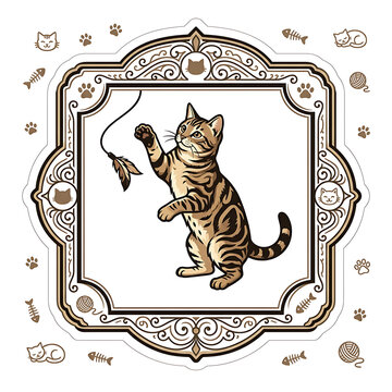 Pixel Art Tabby Cat Playfully Pouncing on a Feather Toy in a Decorative Frame