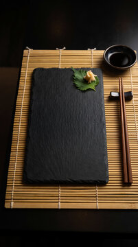 Empty black slate sushi board on bamboo mat with copy space