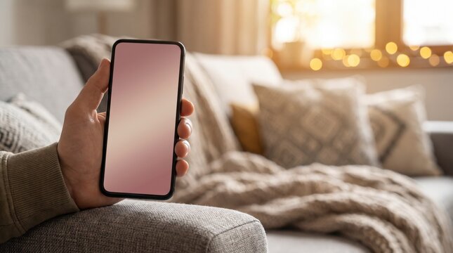 Relaxed hand holding pink gradient smartphone mockup screen on cozy living room sofa