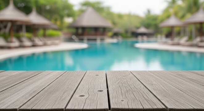 Weathered wooden plank tabletop overlooking a blurred tropical resort swimming pool and cabanas