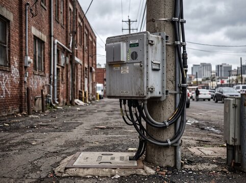 Telecom utility box functioning as a fiber optic node for urban broadband infrastructure on a concrete pole