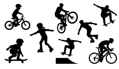 Fototapeta premium Black Extreme Sports Silhouette Set Featuring BMX Riders, Skateboarders, and Rollerbladers Performing Freestyle Tricks and Athletic Movements