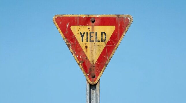 Vintage yield road sign with rusty texture. Weathered metal traffic sign against blue sky. Distressed red and yellow warning sign.