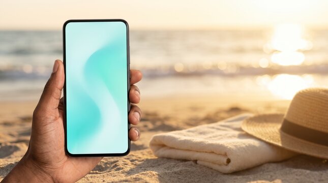 Vacationer hand holding turquoise gradient smartphone mockup screen on sunset sandy beach