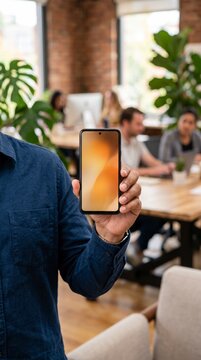Creative hand holding golden gradient smartphone mockup screen inside busy coworking office space