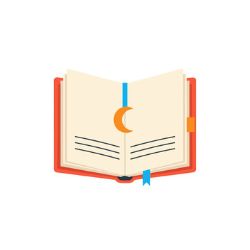 Flat vector illustration of an open book with a red cover, crescent moon symbol, and a blue ribbon bookmark for education and mystery concepts
