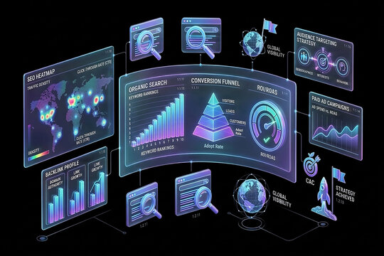 Futuristic holographic dashboard display with data charts and analytics