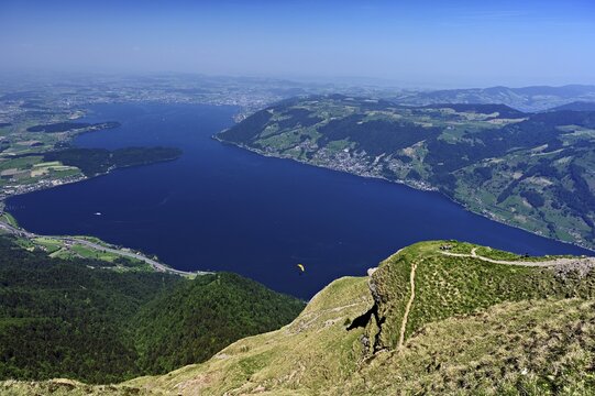 View from Rigi Kulm of Lake Zug with the narrowest point of the Kiemen, Canton of Lucerne, Switzerland