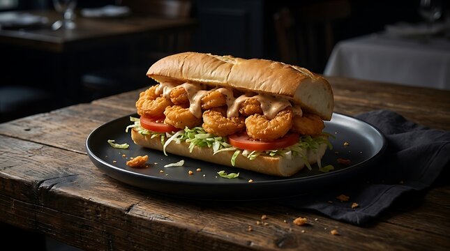 Fresh delicious submarine sandwich with shrimp and vegetables on a dark plate on a rustic wooden table. shrimp po boy