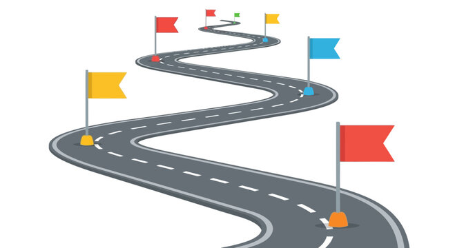 Winding Roadmap Illustration with Colorful Milestone Flags for Business Strategy and Success