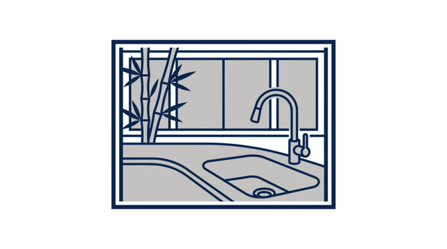 Minimalist Kitchen Interior Illustration with Sink Window and Bamboo Plants