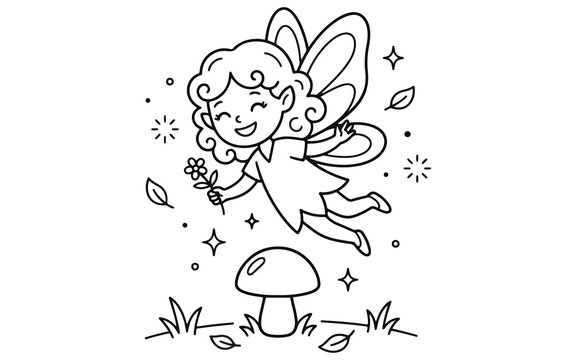 Charming illustration of a whimsical fairy flying near a mushroom in a magical forest