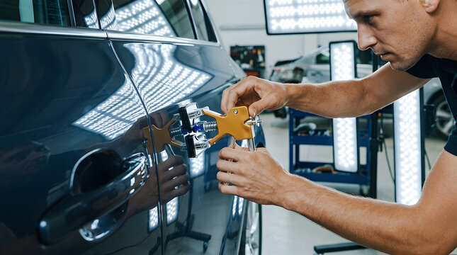 Technician Using Paintless Dent Repair Lifter Tool on Car Door | Close Up of Automotive Technician Repairing Door Dent with Puller Tool | Paintless Dent Removal Service Fixing Car Door Bodywork i