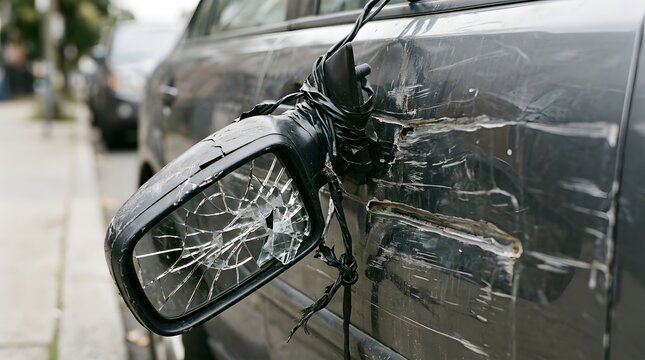 Broken side car mirror hanging by wires after a vehicle collision accident